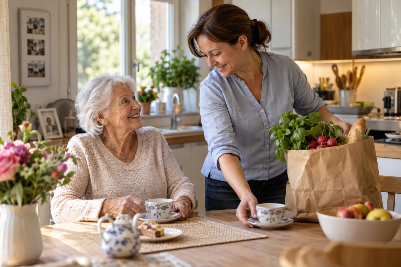 Haushaltshilfe unterstützt eine Seniorin in der Küche beim Alltag zu Hause